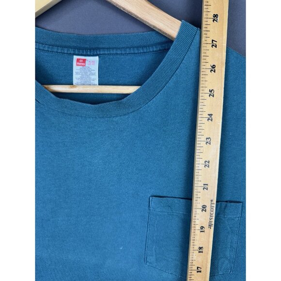 Vintage 90's Hanes Blank Pocket Shirt Teal Single Stitch Fade Design Streetwear - Picture 11 of 11